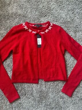 Motel Rocks Red Cropped Cardigan with White Bow Detail
